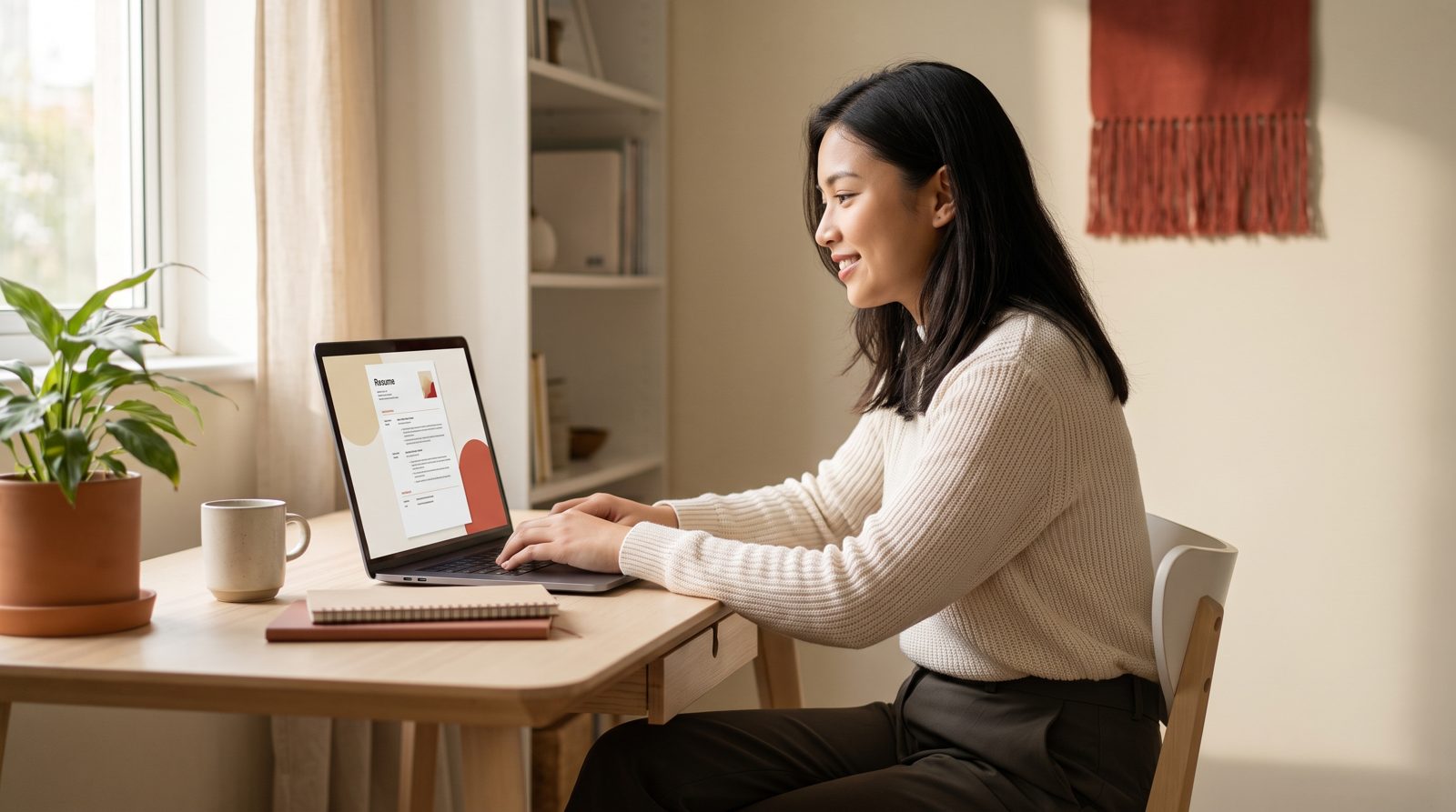Graduan Malaysia menyemak resume yang kemas di laptop
